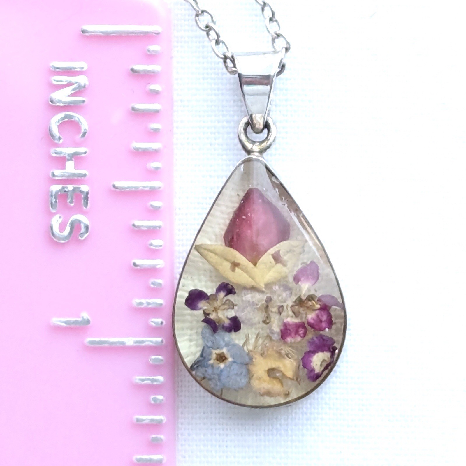 Dried Flower Teardrop Pendant Necklace ATI Mexico Floral Dainty Jewelry Gift