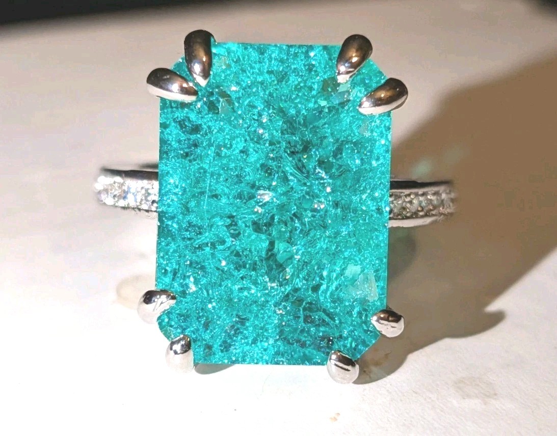 Shiny 10 CT Emerald Cut Lab-Created Paraiba Tourmaline Ring 925 Sterling Silver