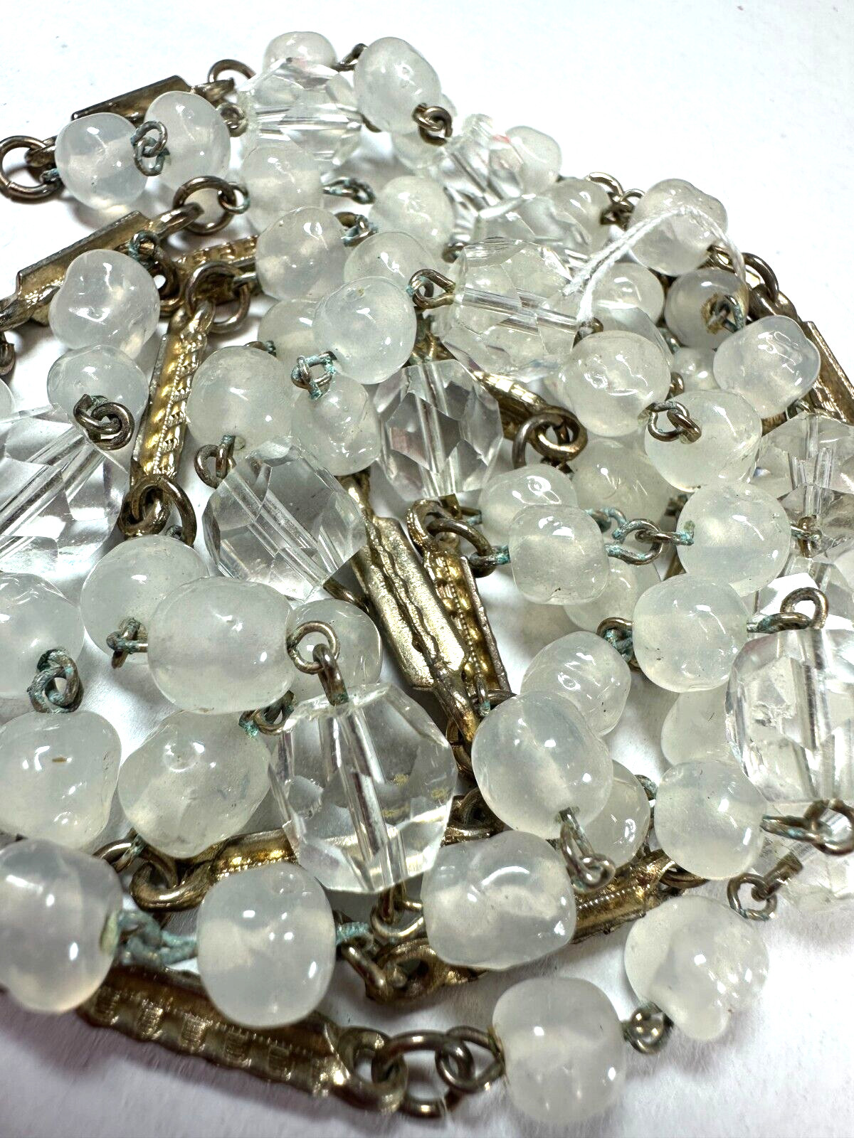 Vintage Necklace Glass Bead Station Bar Link Clear Milky Heavy Some Wear