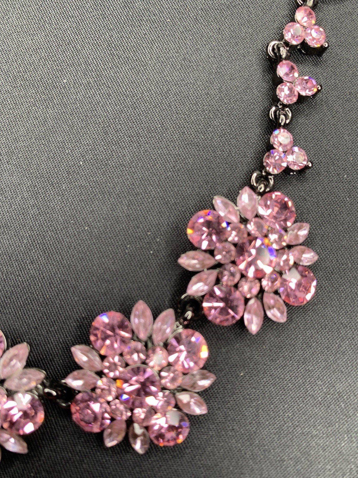 Pink Flower Shape Rhinestone Black Gun Metal Necklace 14” Choker