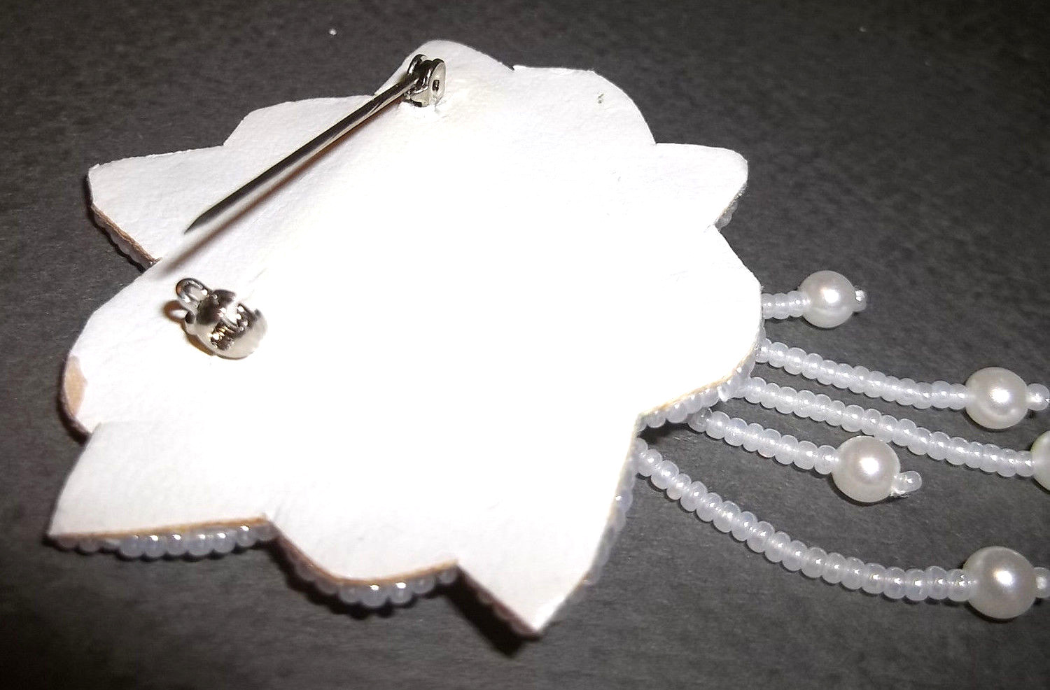 WHITE GLASS BEAD & SEQUIN BROOCH/ PIN-,pearlized seed beads ,satin back