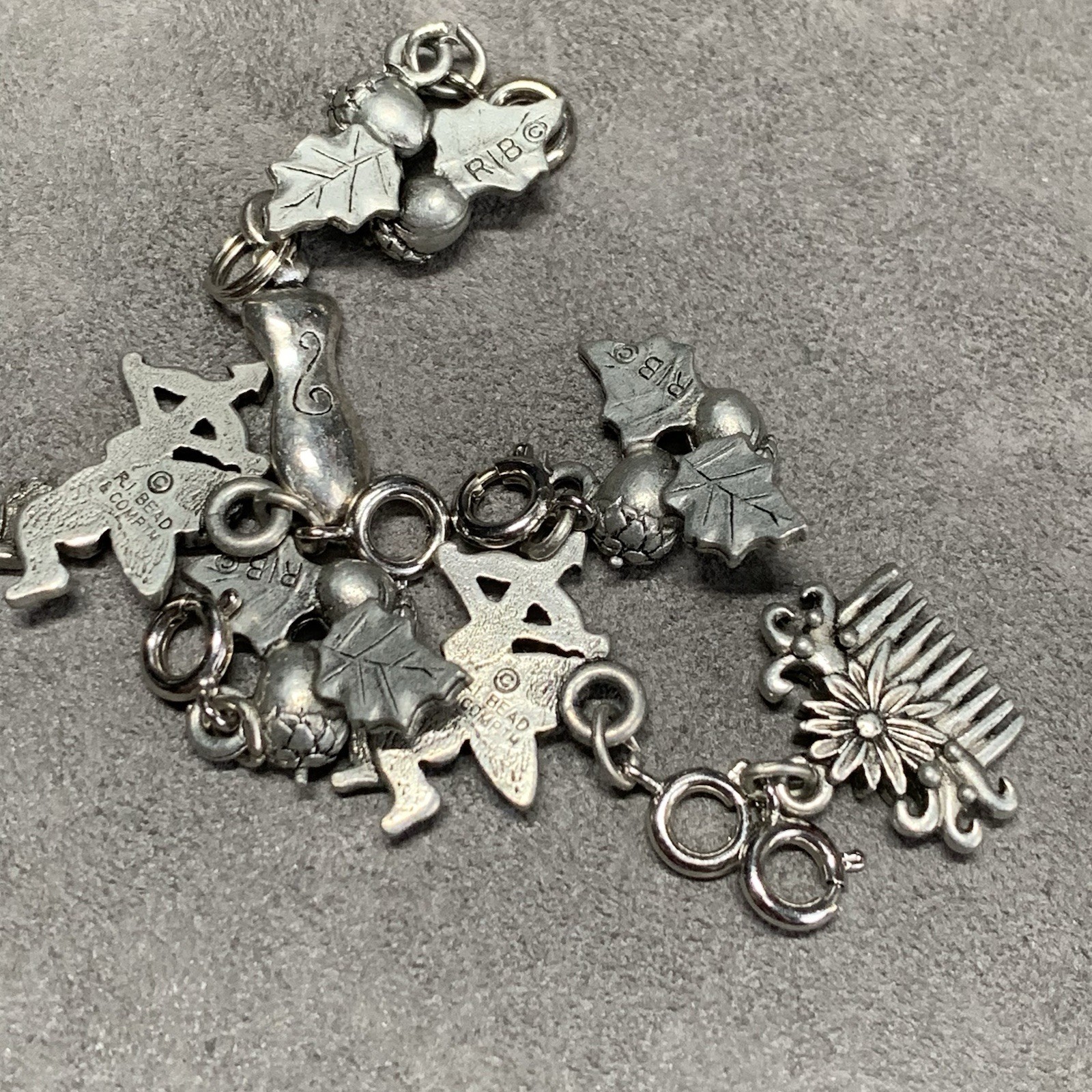 Vintage R.I. Bead Dangle 3D Charm Silver Tone Acorns Cupids & More, Lot Of 7.