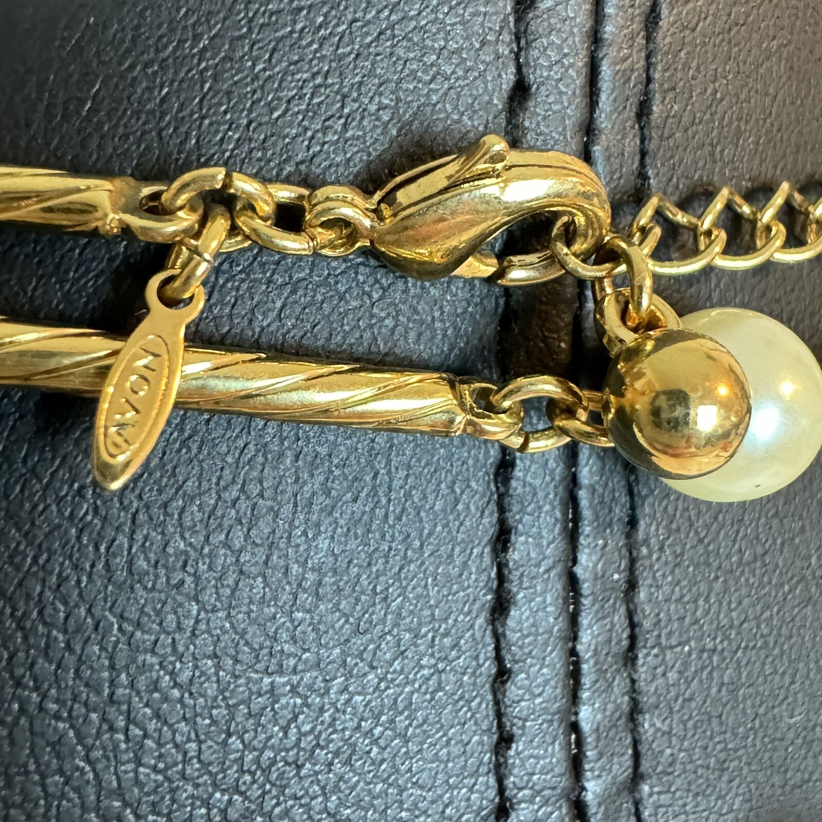 Vintage Avon Station Necklace Faux Pearls Twisted Bar Link Gold Tone Long