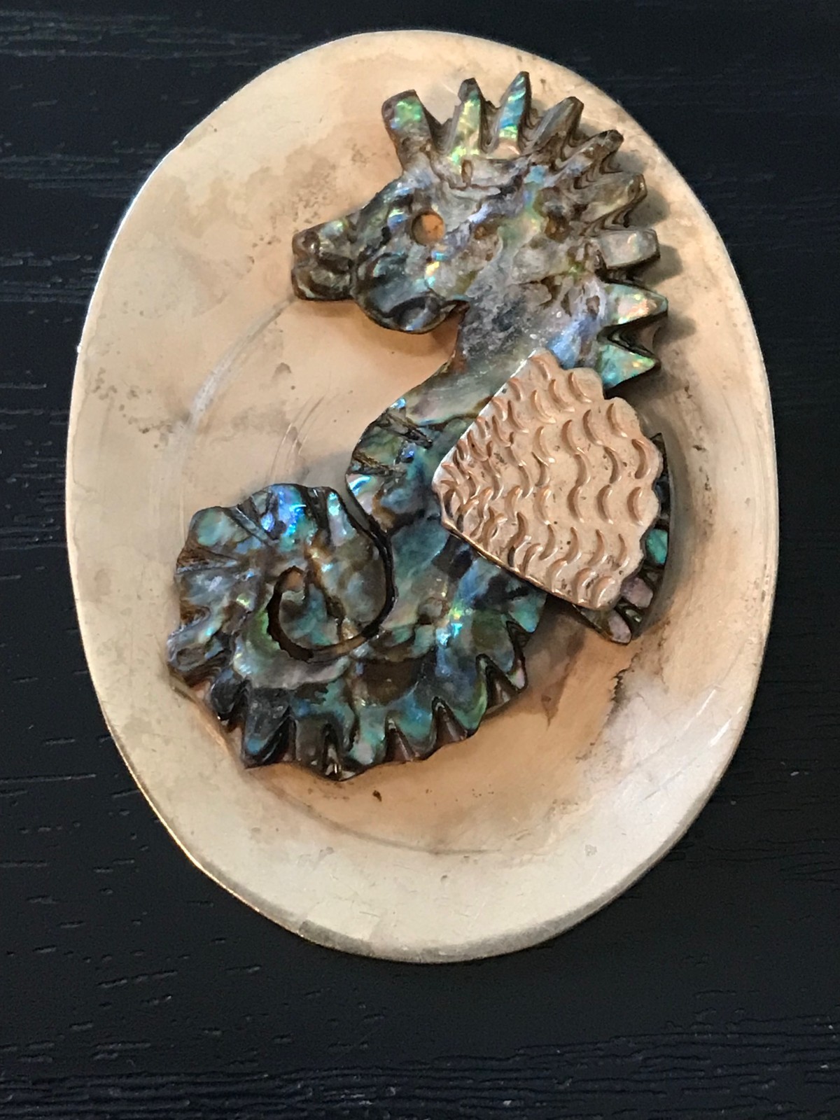 Sterling Silver Abalone Sea Horse Brooch Signed AC