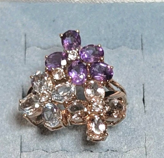 BEAUTIFUL ESTATE STERLING SILVER PRONG SET MULTI STONE CLUSTER RING SIZE 6