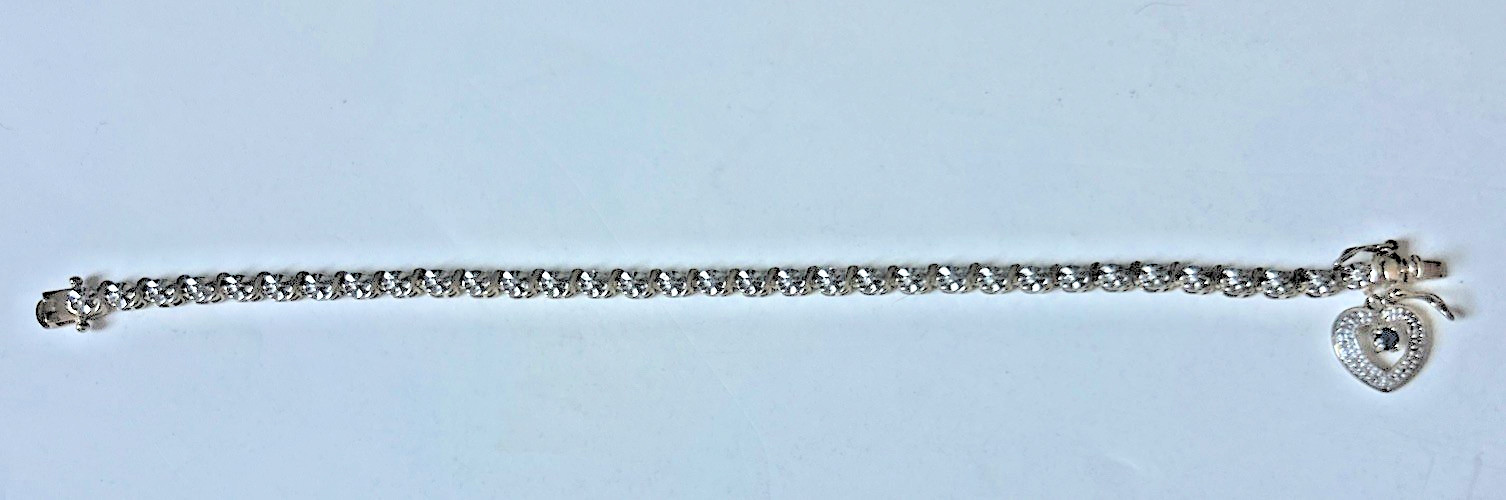 VTG 14K Gold over .925 Silver 7.5″ Tennis Bracelet-sapphire heart charm-Art Deco