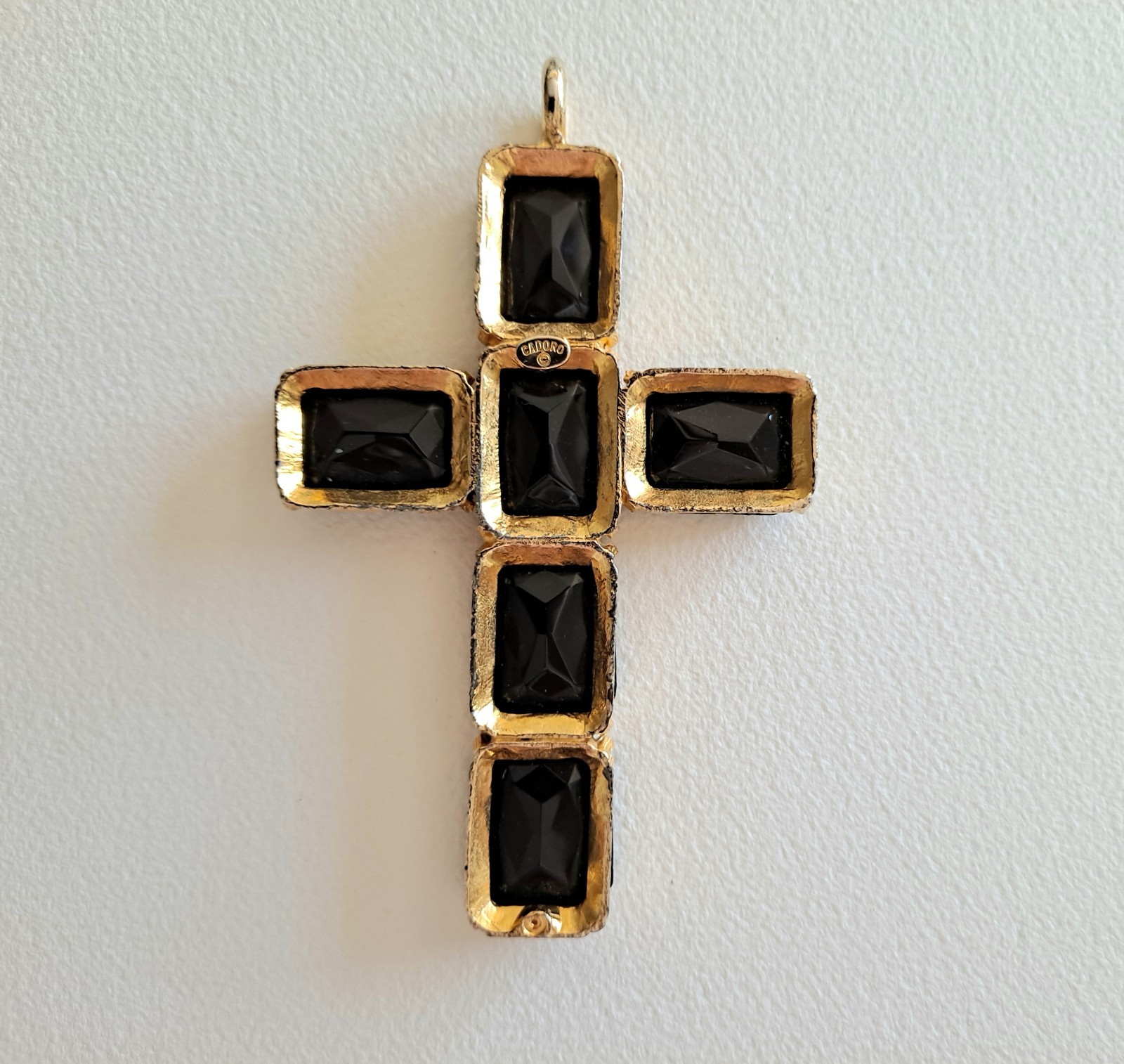 Vtg. CADORO, LG. Cross Gold Plated, Black Glass Pendant Necklace Statement Piece