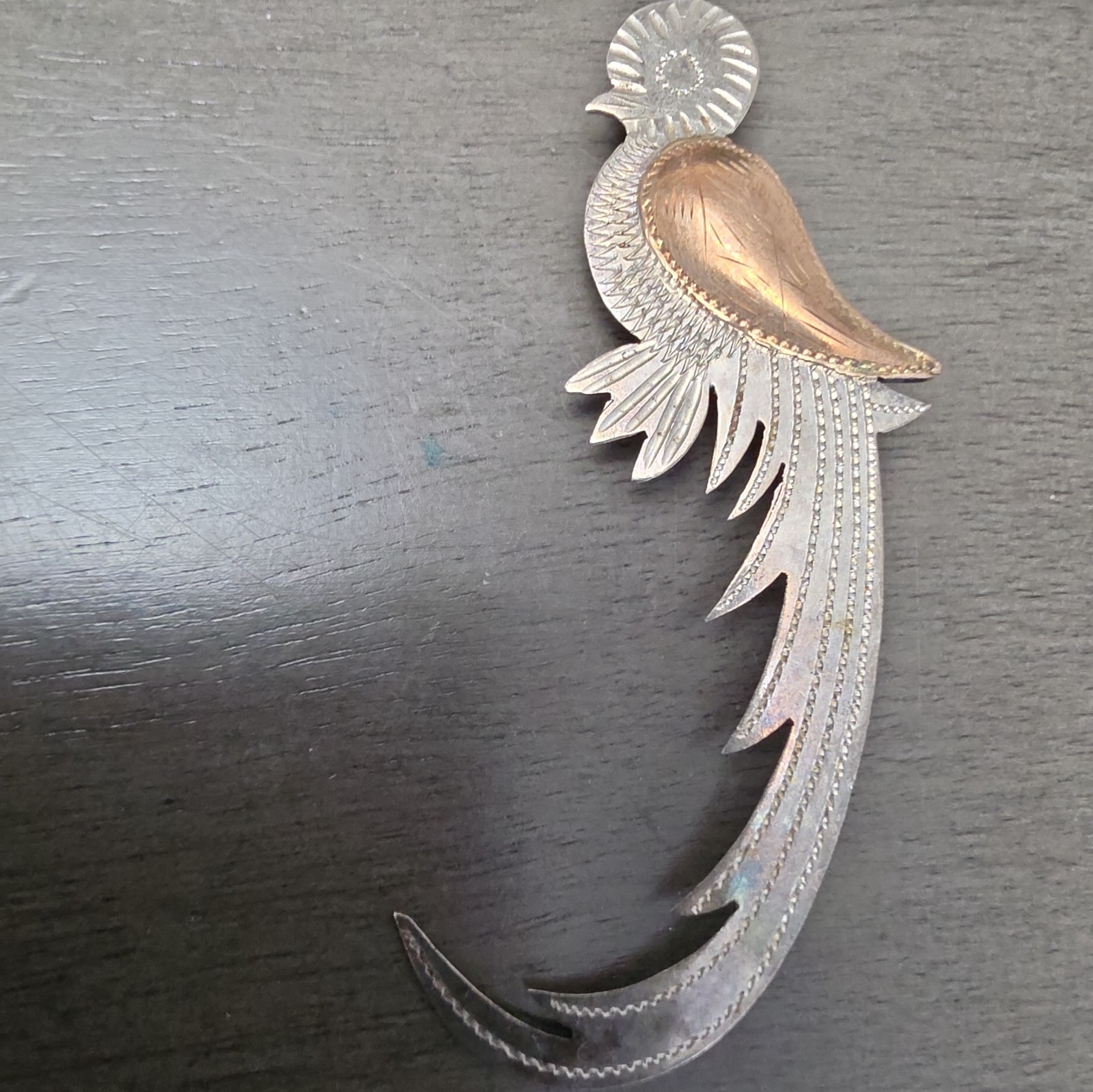 Vintage Quetzal Bird Pin Silver 900 Coin Silver Rose/brass Accents Guatemala