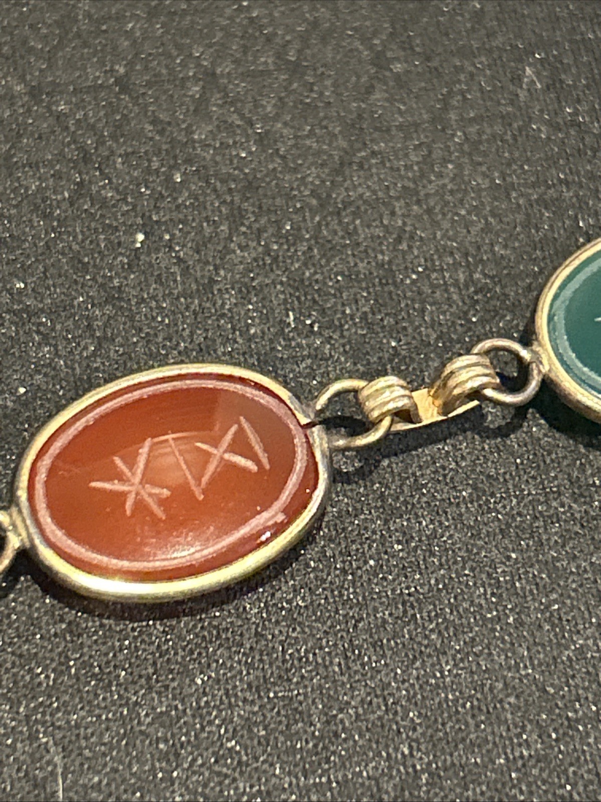 12 K Gold Filled AC Scarab Bracelet Egyptian Revival Carved Stones Needs Repair