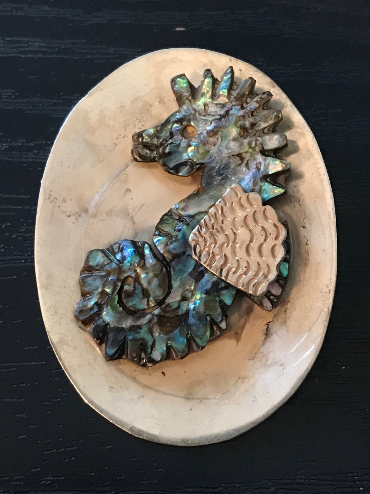 Sterling Silver Abalone Sea Horse Brooch Signed AC