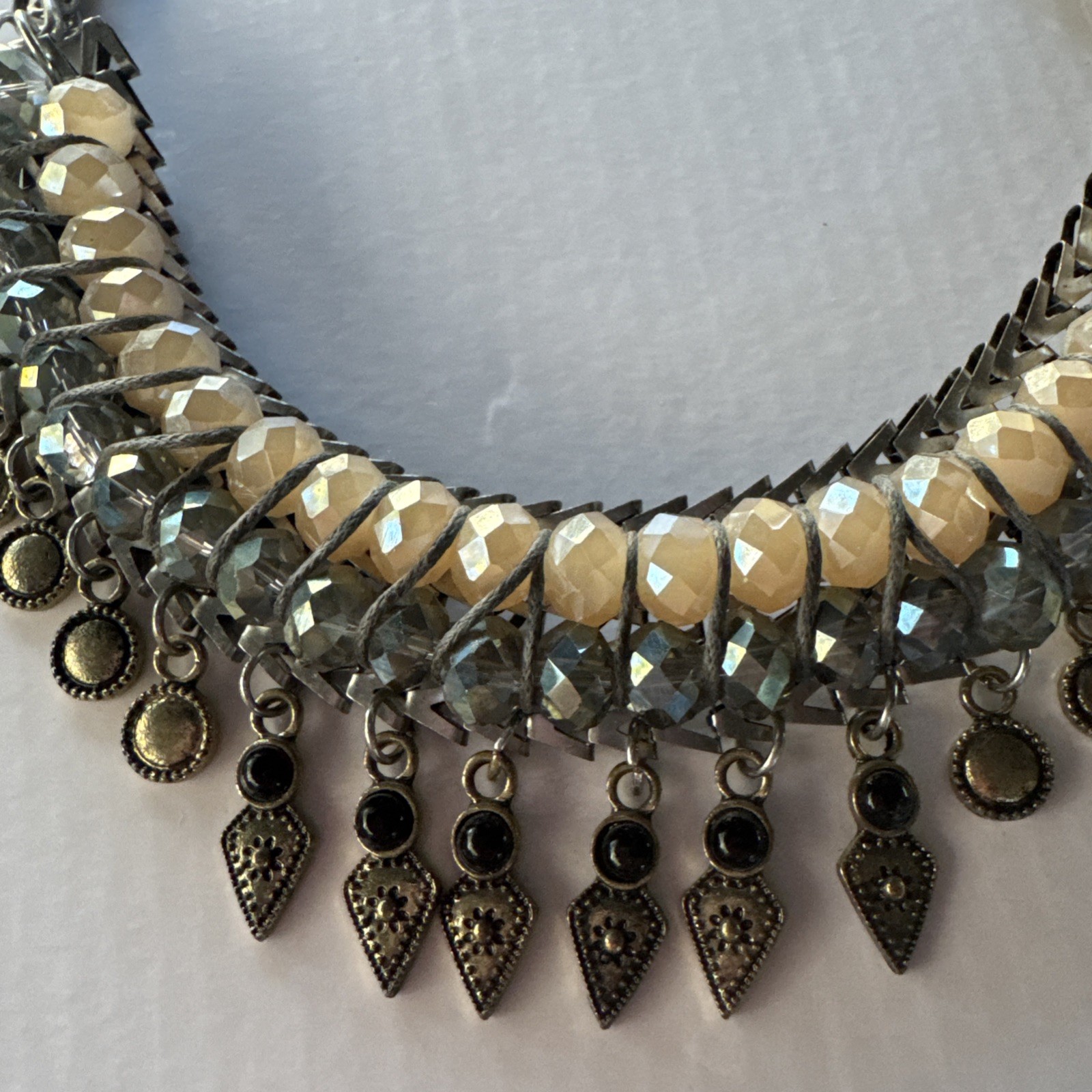 Vintage Necklace Layered Chain W Beaded Fringe & Dangling Charms J1