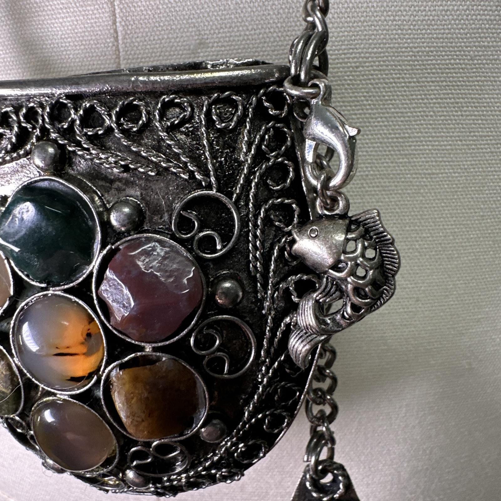 Vintage Small Silver-tone Sajai Metal Purse Necklace Agate Gemstones Tether Lid