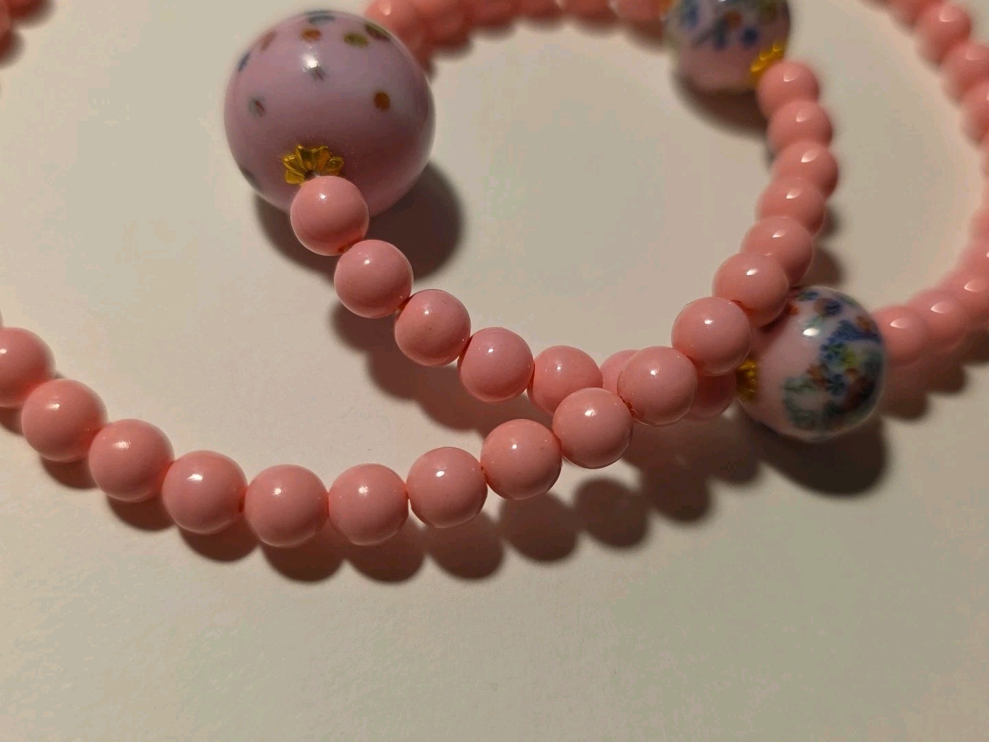 Vintage Pink Glass Millefiori & Pink Painted Glass Beads Necklace 18 3/4″L