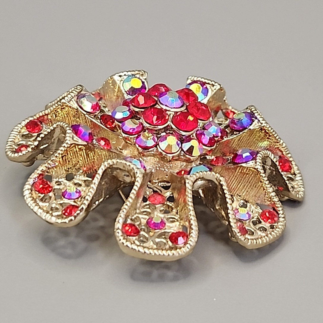Vintage Rhinestone Brooch AB Red Bead Gold Tone Round Ruffle Wavy 2 1/8″