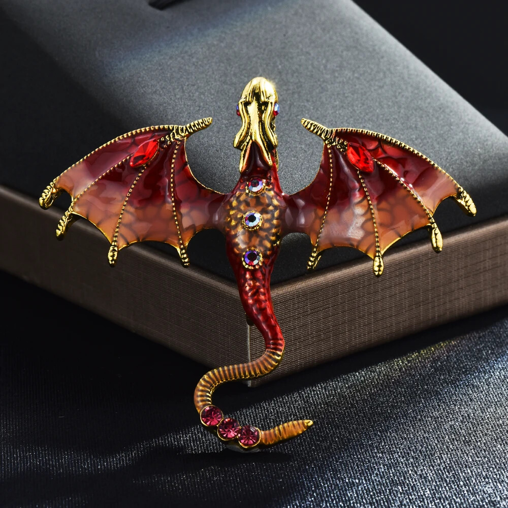 Enamel Dragon Brooch For Women Men 6-color Rhinestone Flying Legand Animal Pins