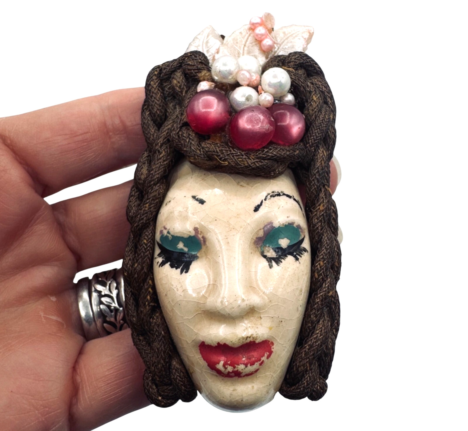 Elzac of Hollywood Victims of Fashion Ceramic Face Brooch Wood Back Vintage 1940
