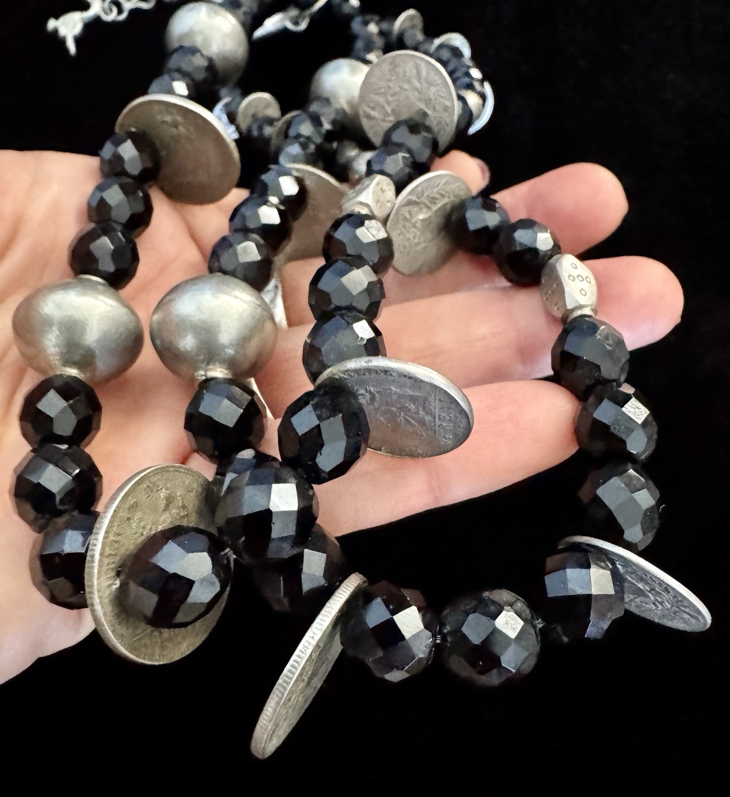 Antique Silver Cross Milagro Charm Necklace, Guatemalan Coins, Black Jet Beads