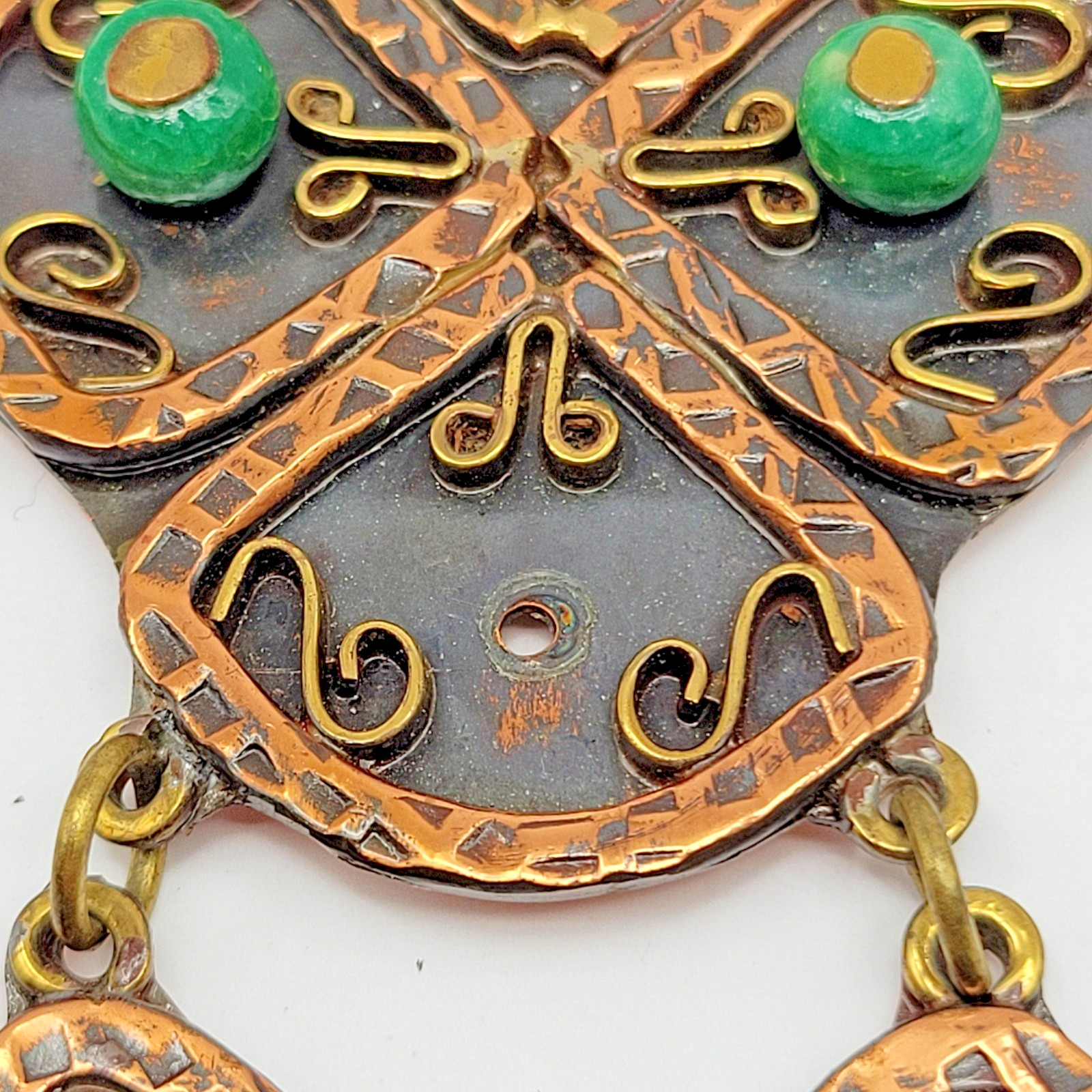 Vintage Casa Maya Copper Brass Green Stone Statement Pendant Necklace as-is ~24″