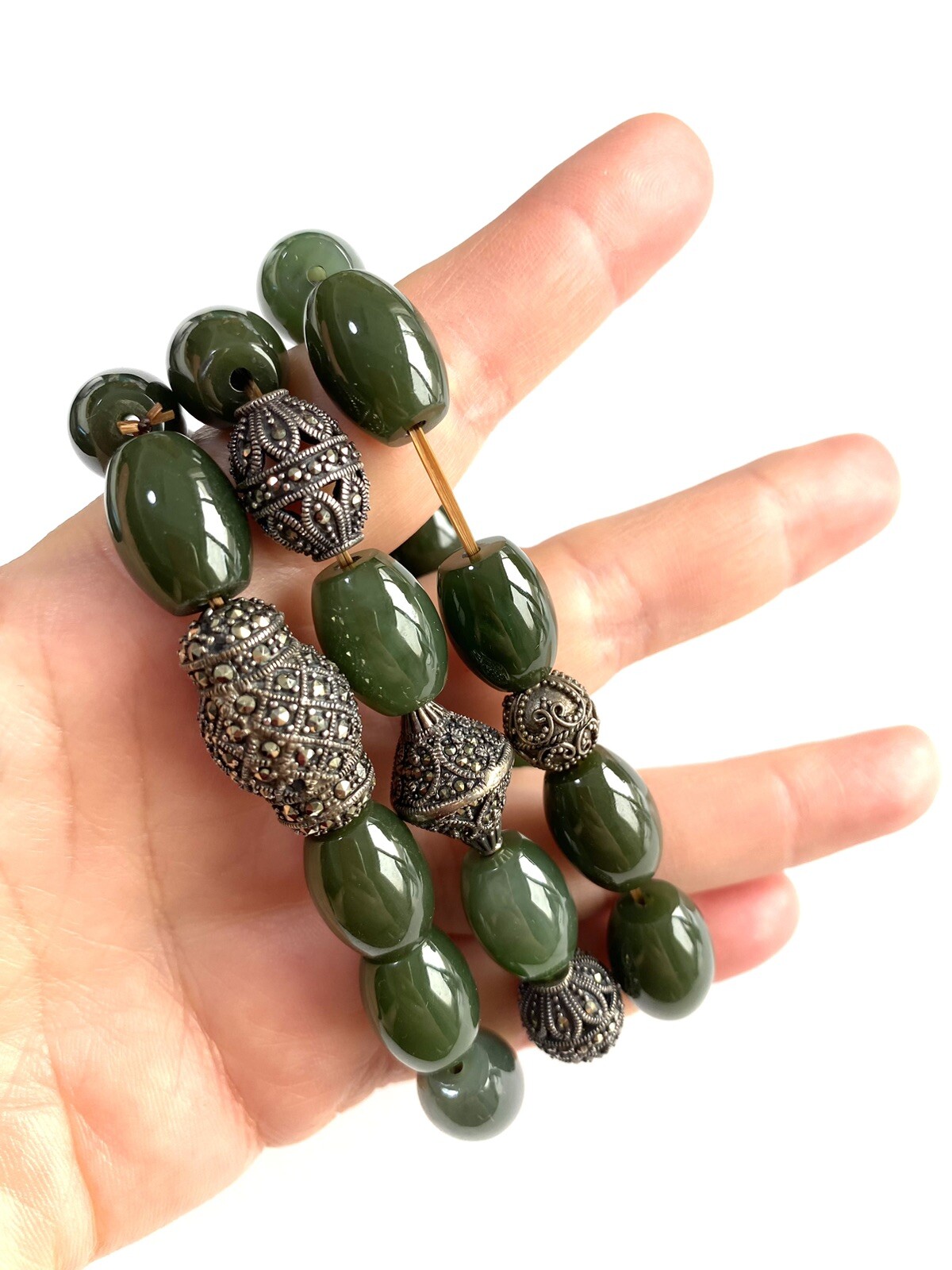 VTG Artisan Handmade Stretch Set Of 3 Natural Green Stone Silver Bracelet Sz S