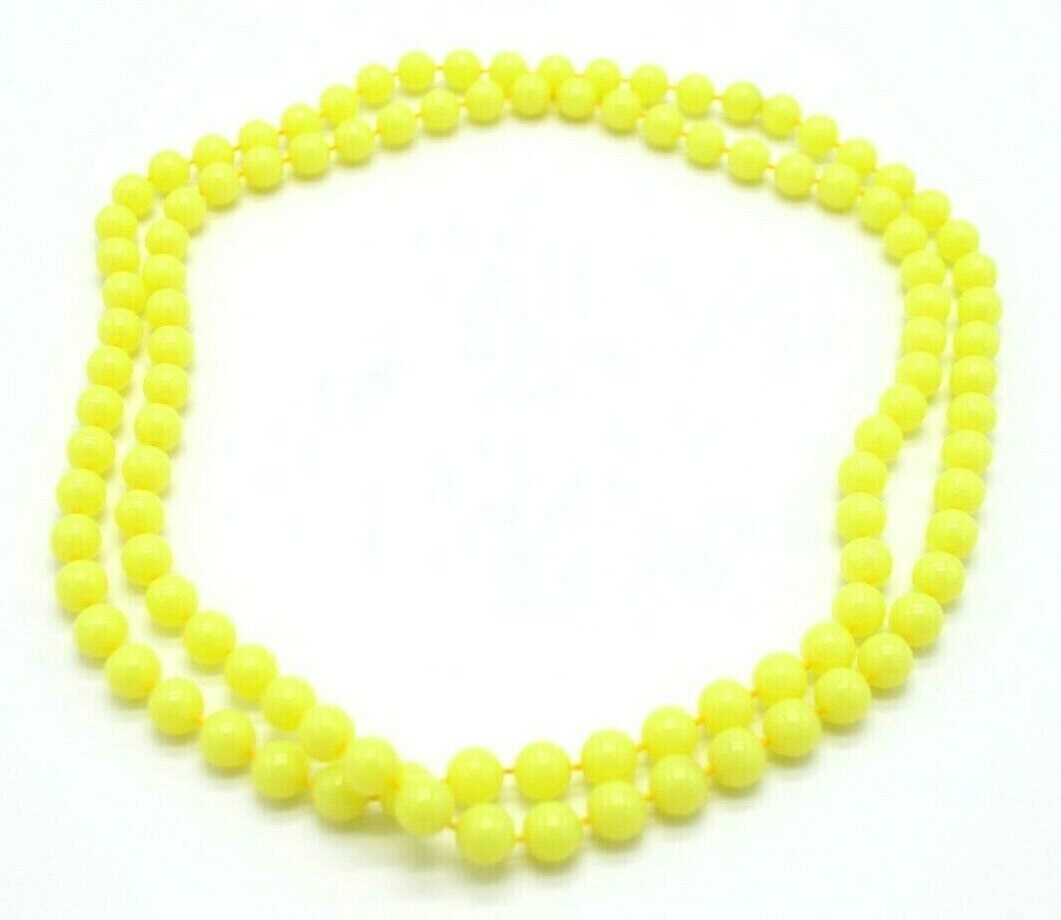 Neon Yellow Acrylic Bead Beaded Long Necklace Hand Knotted No clasp Vintage