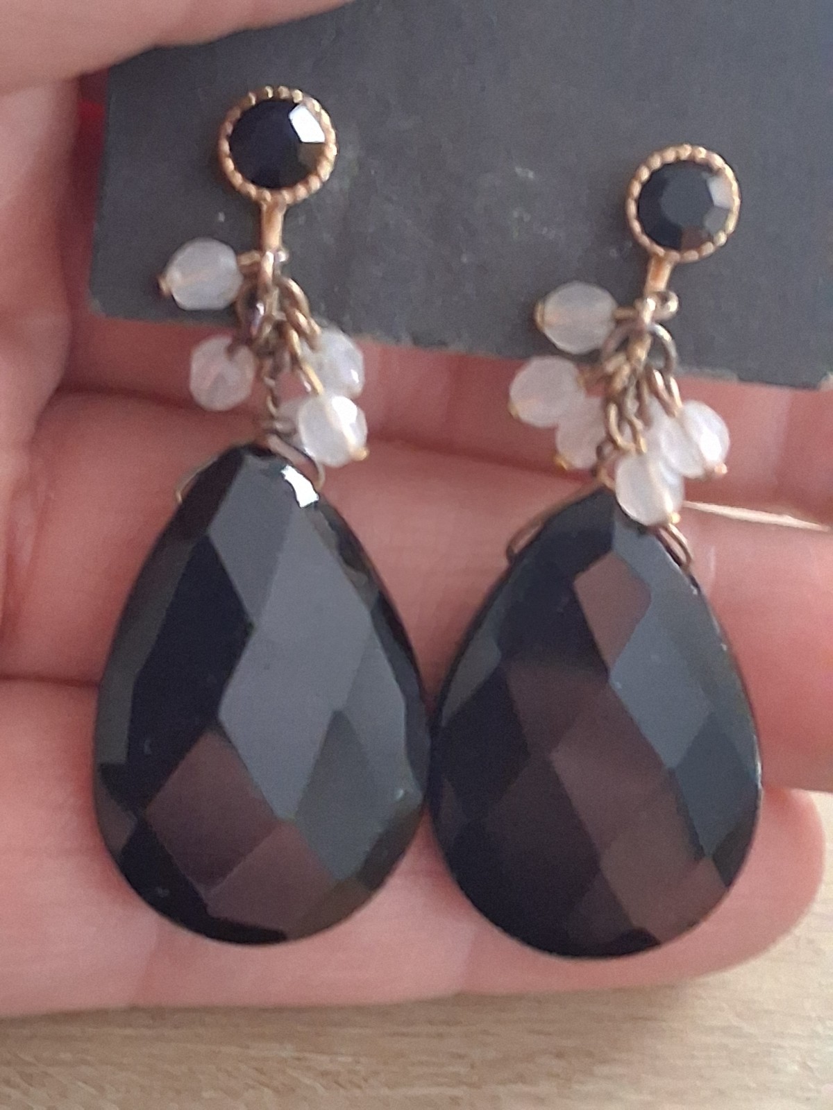 Faceted black glass teardrop stone adjustable clip on earrings w/dangle accents