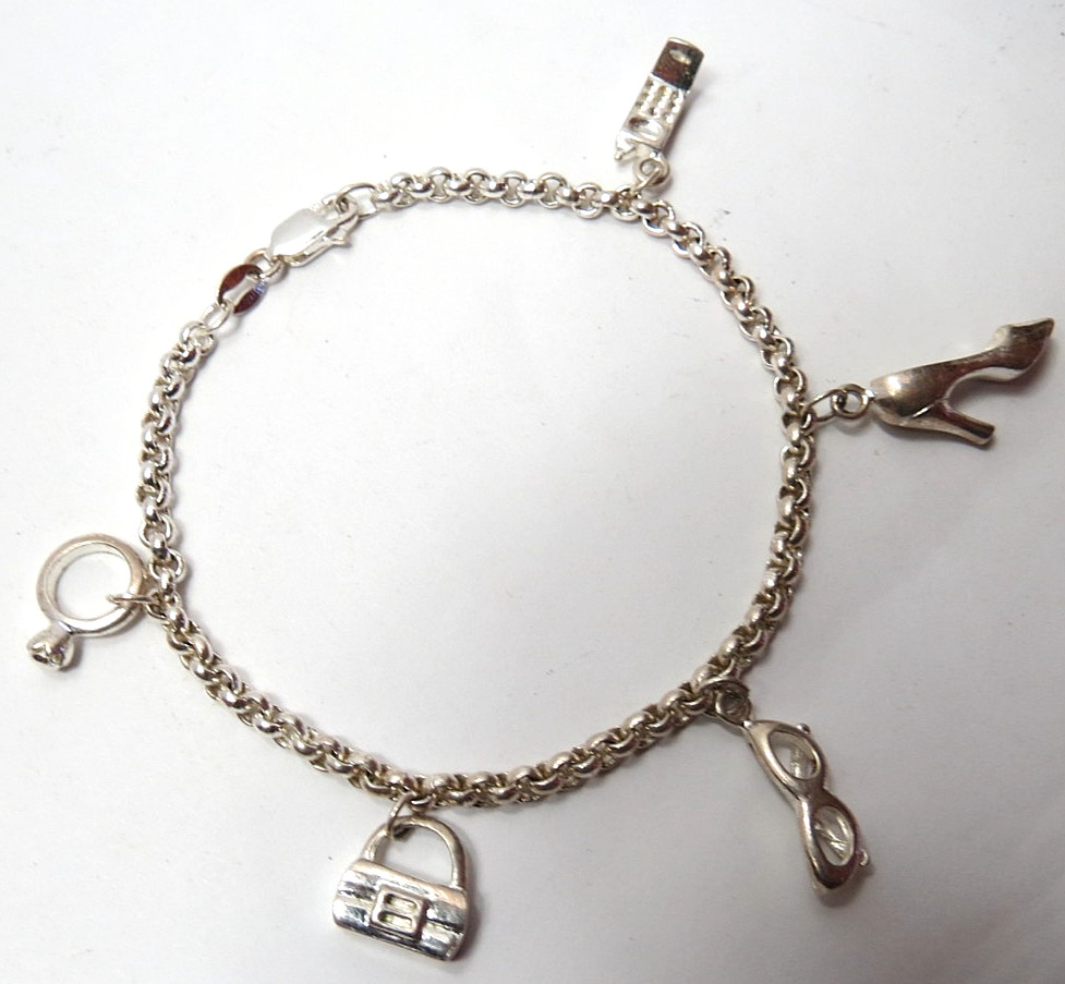VTG 925 STERLING SILVER PURCE GLASSES PHONE RING SHOE CHAIN CHARM BRACELET 13gr