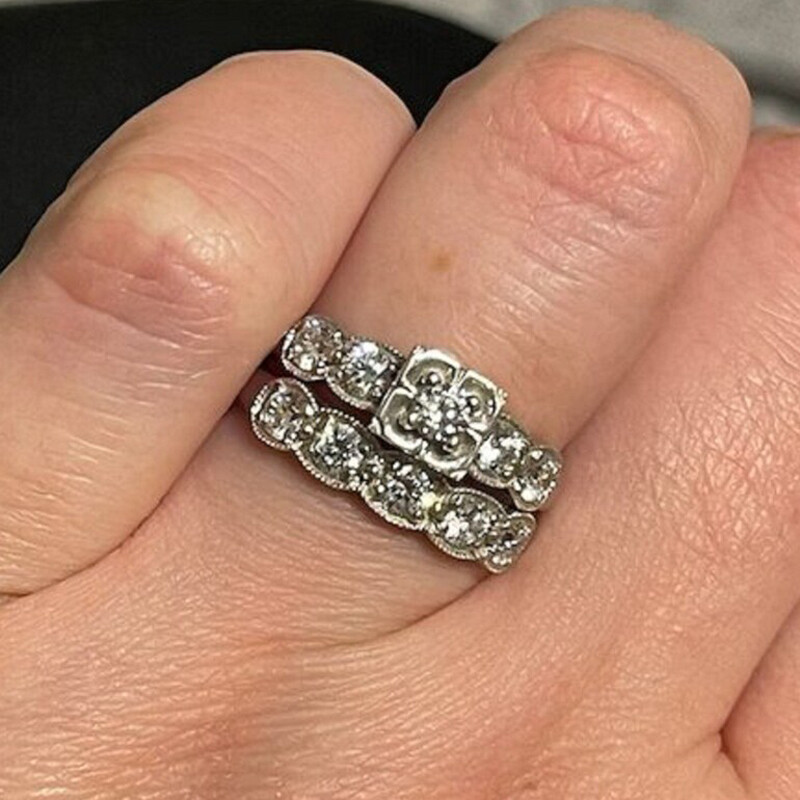 2 CTW White Round Simulated Diamond Art Deco Antique Style 925 Silver Ring Set