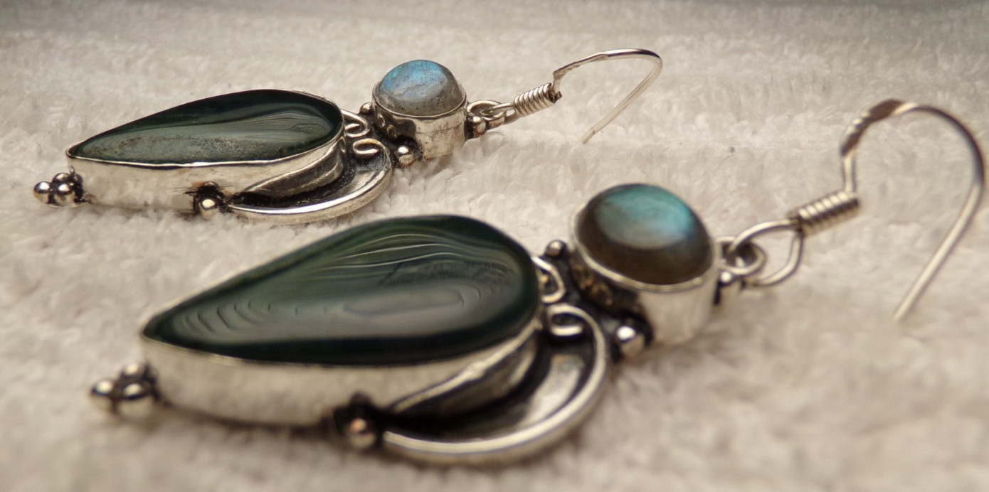 VTG STERLING SILVER LABRADORITE JASPER STONE ETRUSCAN LRG DROP PIERCE EARRINGS