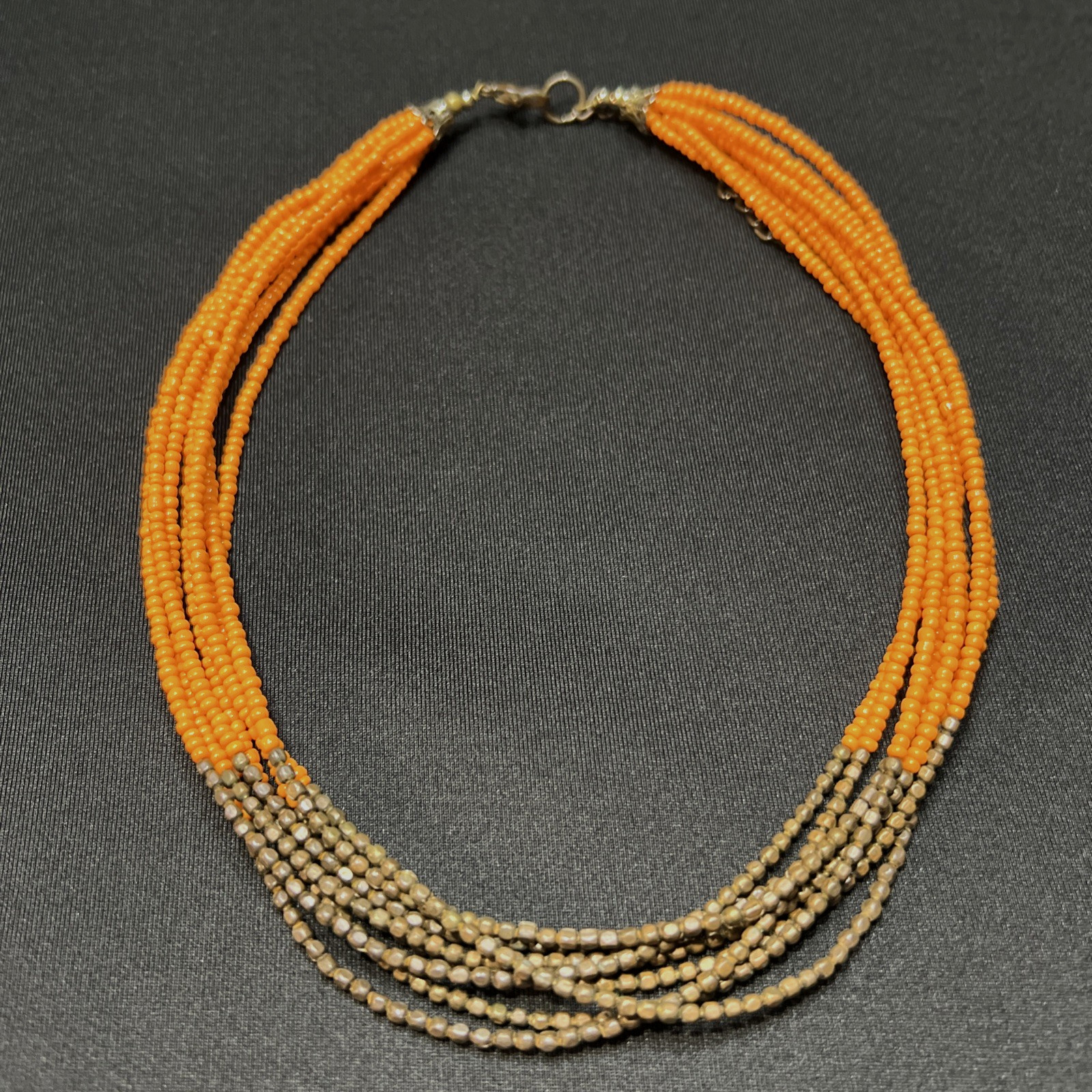 Vintage Brass & Yellow Glass Sead Bead Necklace Multistrand 21″