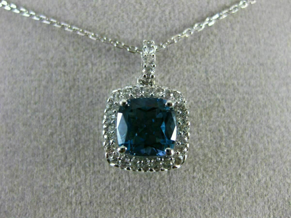 ESTATE 2.27CT AAA LONDON BLUE TOPAZ & WHITE SAPPHIRE 14K WHITE GOLD HALO PENDANT