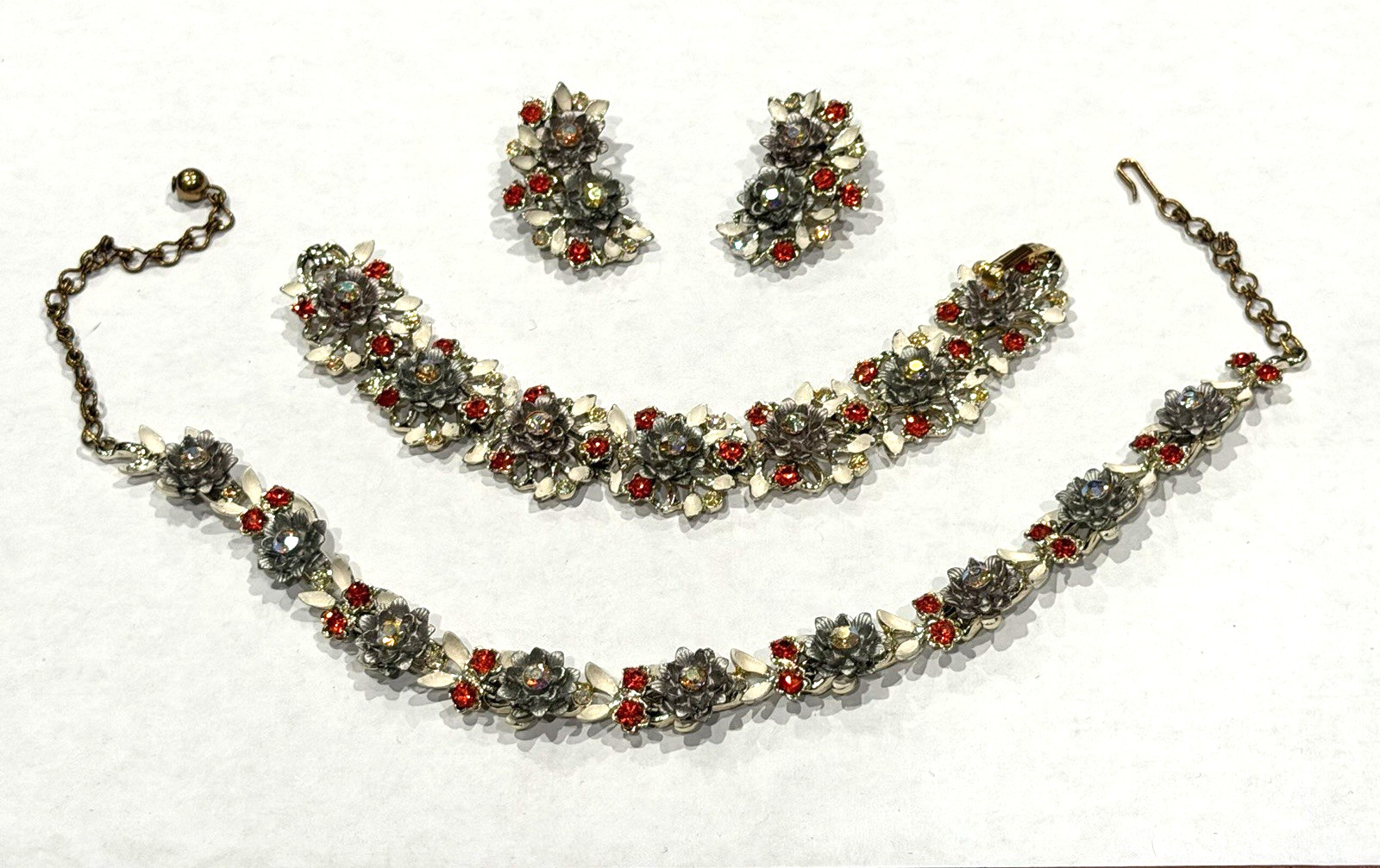 BSK MCM FLORAL ENAMEL RHINESTONE NECKLACE BRACELET CLIP EARRINGS PARURE SET LOT