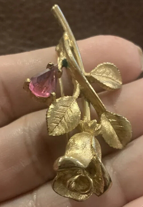 Mothers Day Rose Brooch Vintage Signed Avon Pin Flower Pink Rhinestone Gold Tone