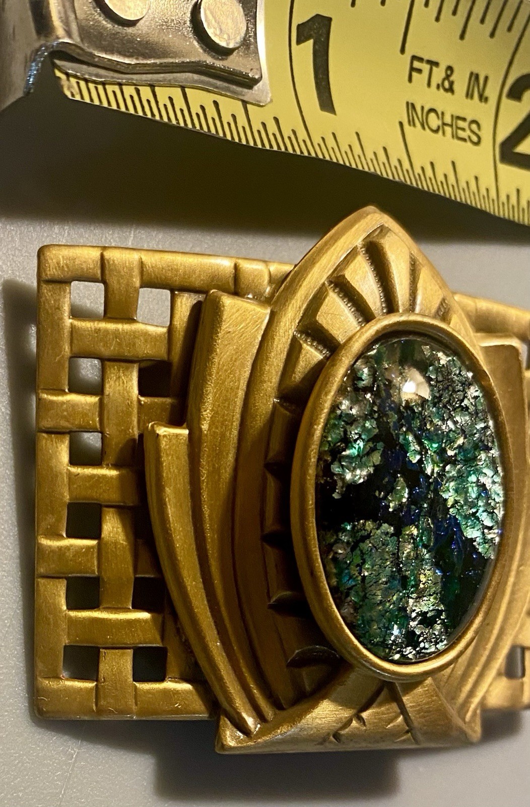 Vintage 80’s Art Deco Style Foil Cabochon Brass Tone Brooch Statement Piece