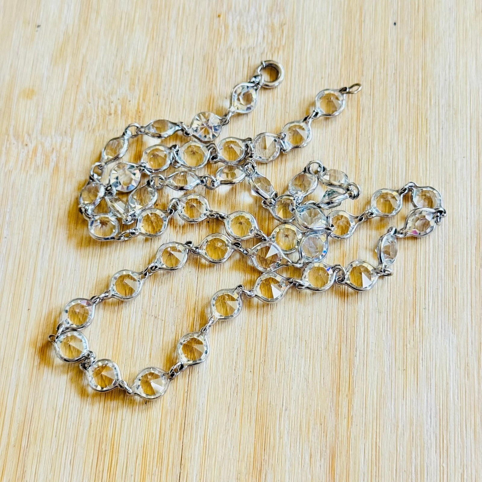 VTG Necklace Pointed Back Austrian Crystal Open Bezel Silver Tone Strand 30″