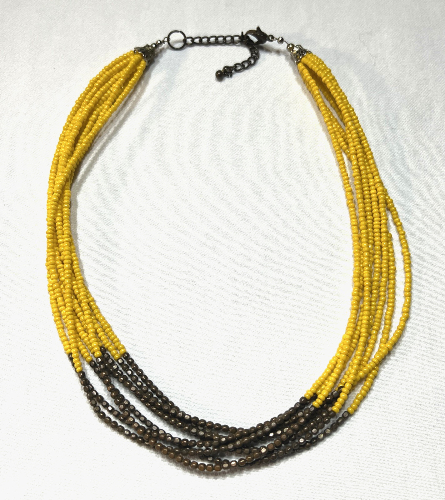Vintage Brass-tone Yellow Glass Sead Bead Necklace Multistrand 21″