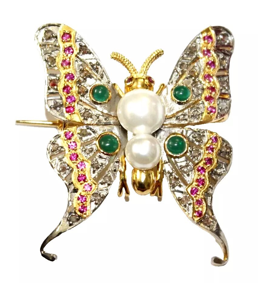 2.40ct Rose Cut Diamond Ruby Emerald Pearl 925 Silver Butterfly Brooch Pin