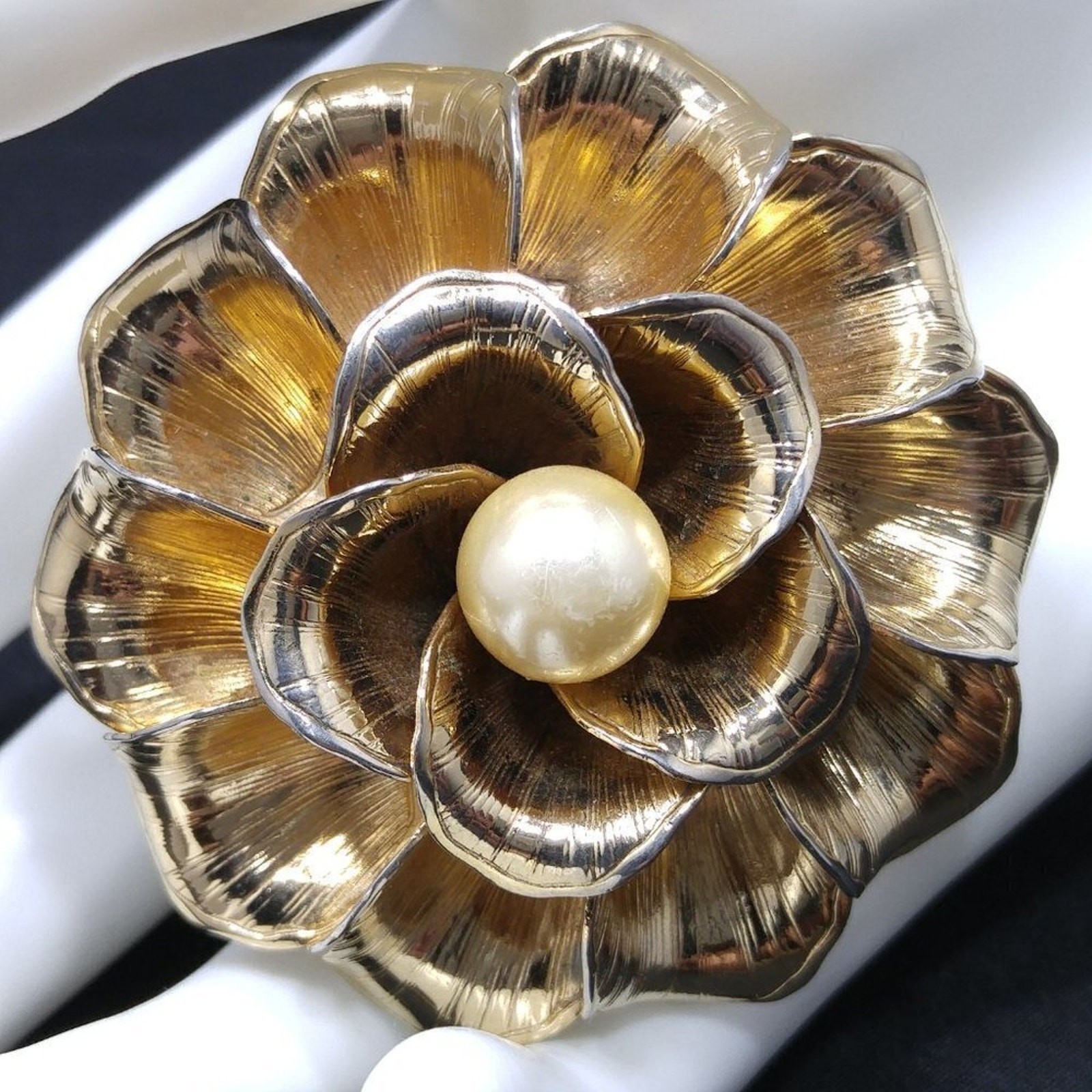 Vintage Flower Gold Plated Brooch, Faux Pearl Center, 1960s, 2 3/8 Inches