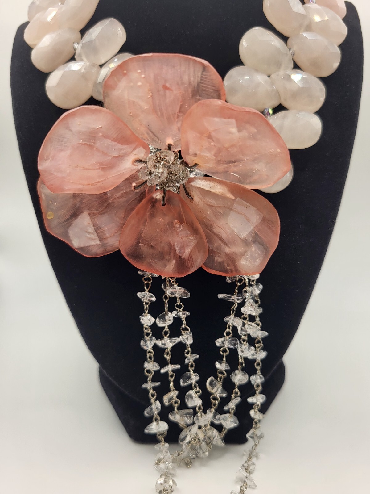 STUNNING Vintage MAYA Faceted Rose Quartz Rock Crystal Large Flower Necklace