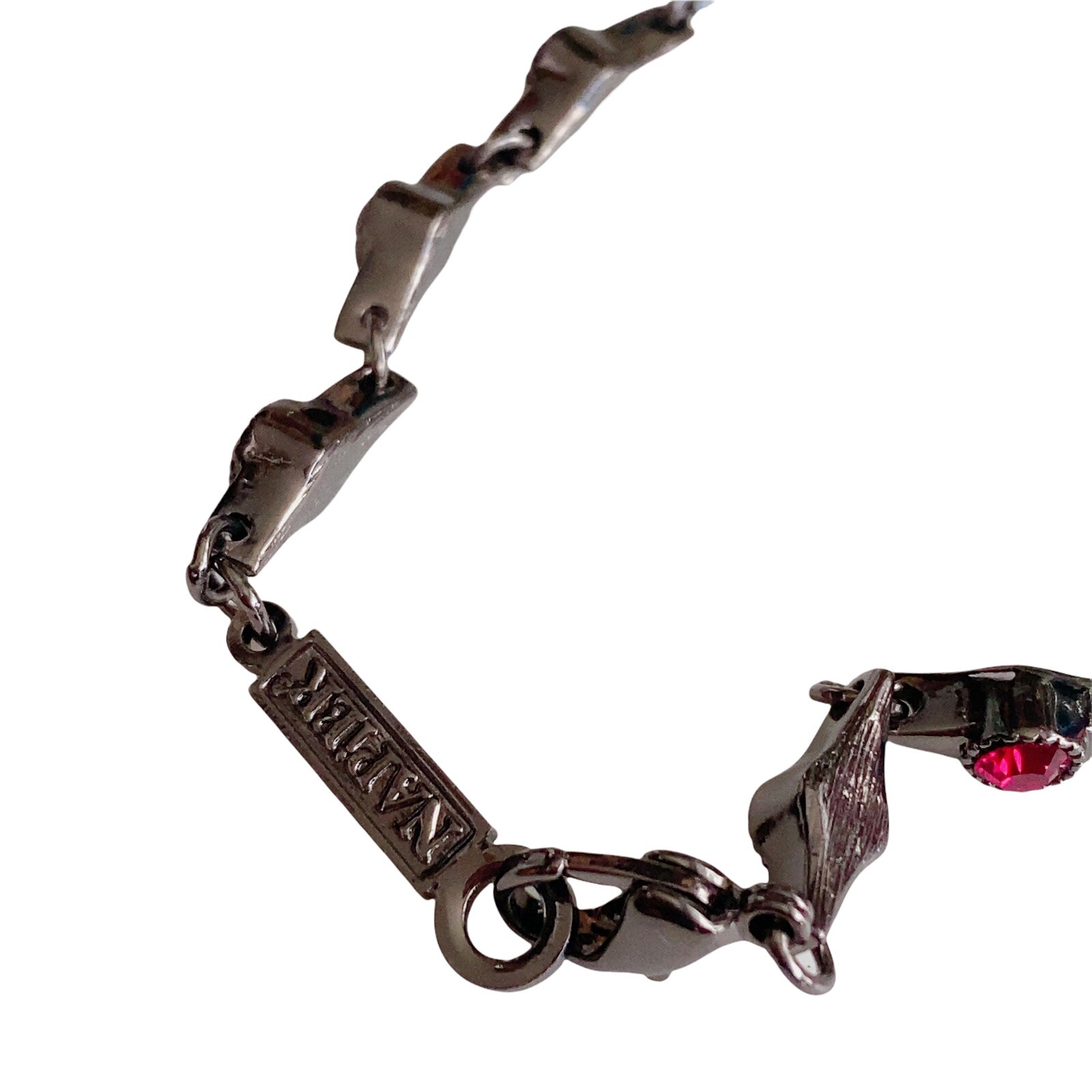 Signed Napier Pretty Linked Pink Red Rhinestone Bracelet Gunmetal 7” Women’s