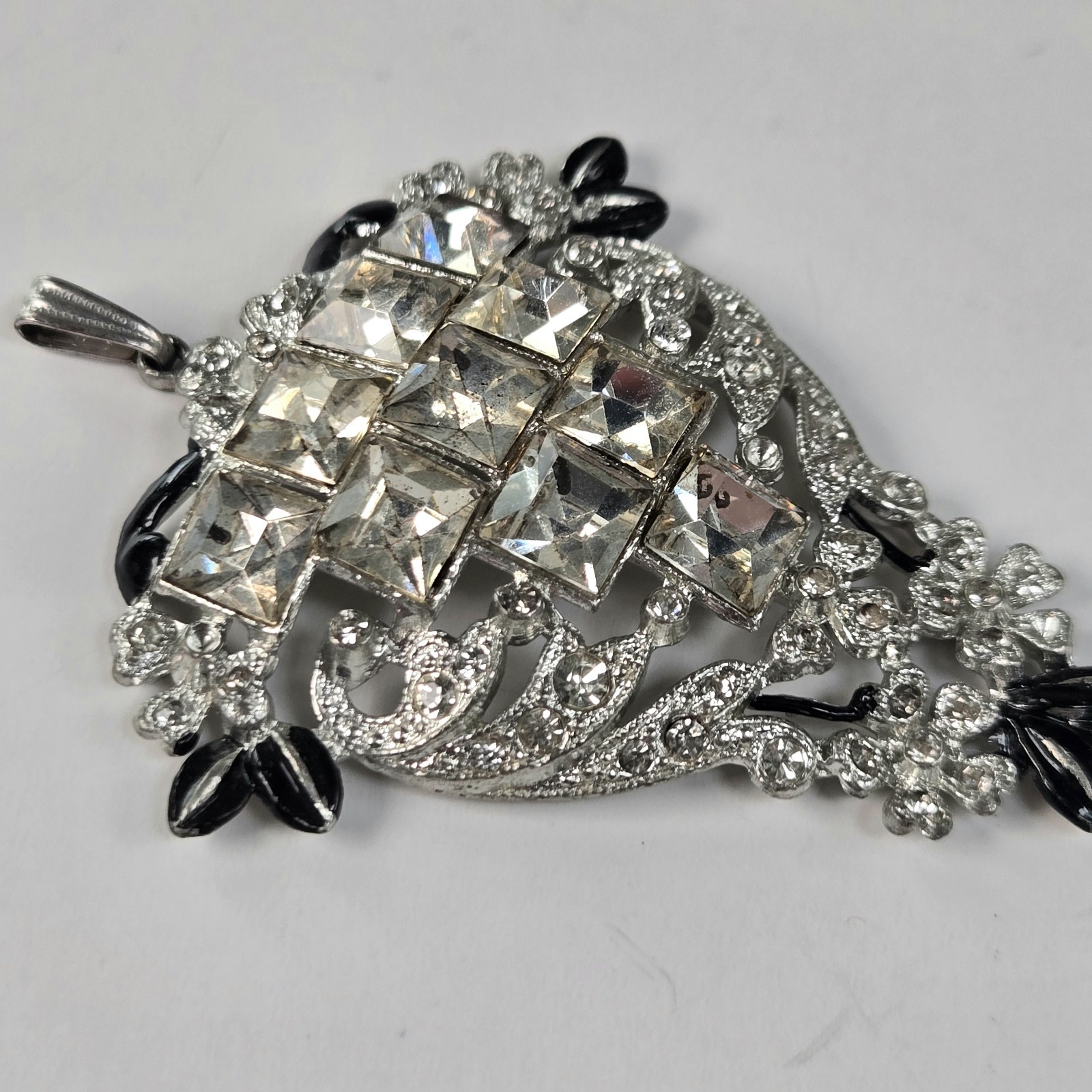 Art Deco Rhinestone & Black Enamel Lavaliere Pendant Only