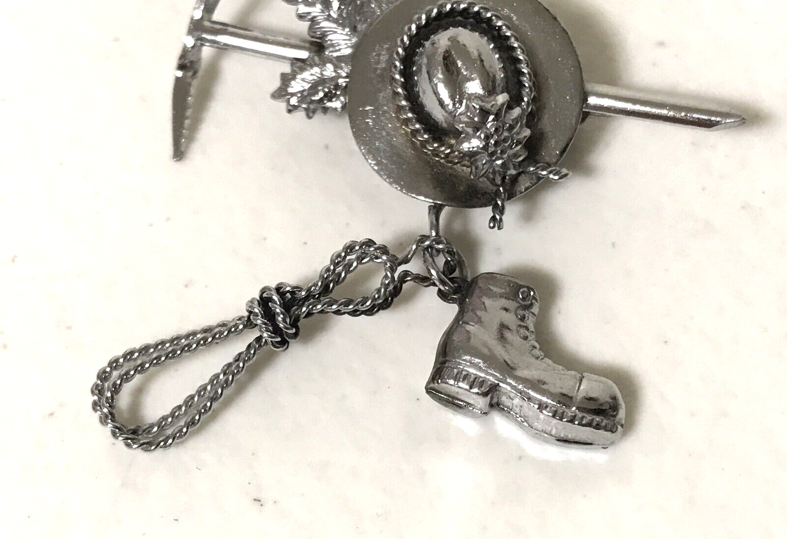 Vintage Silver Tone Gardening Hat Boot Tools Charms Dangles Brooch Pin Estate