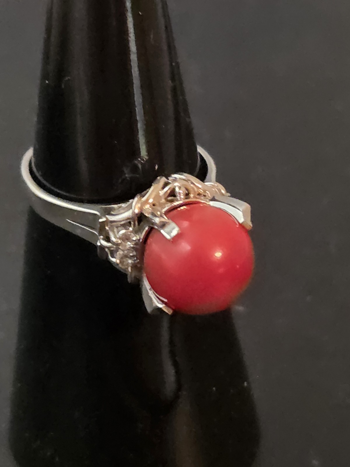 Antique 19th Century 900 Platinum Natural Coral & Diamonds Ring Sz 5-3/4