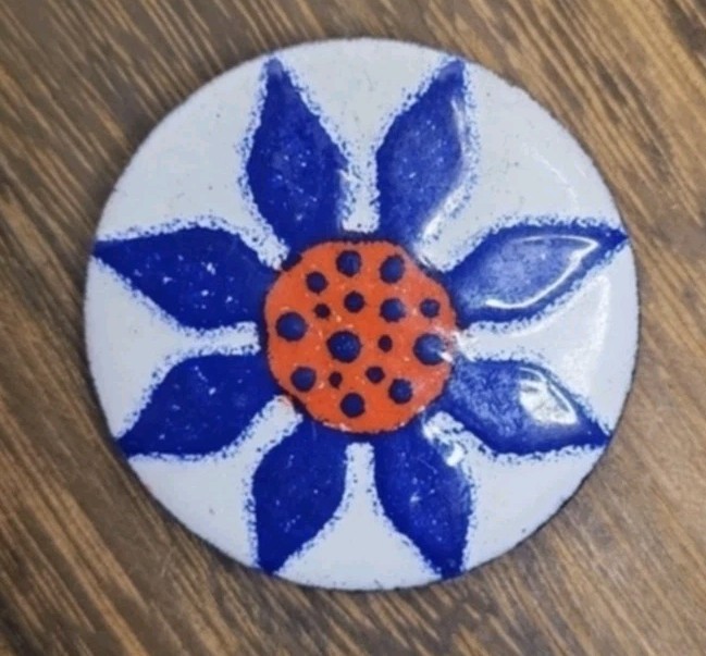 Vtg Southwestern Style Copper Hand Painted Glossy Finish Floral Brooch Pin