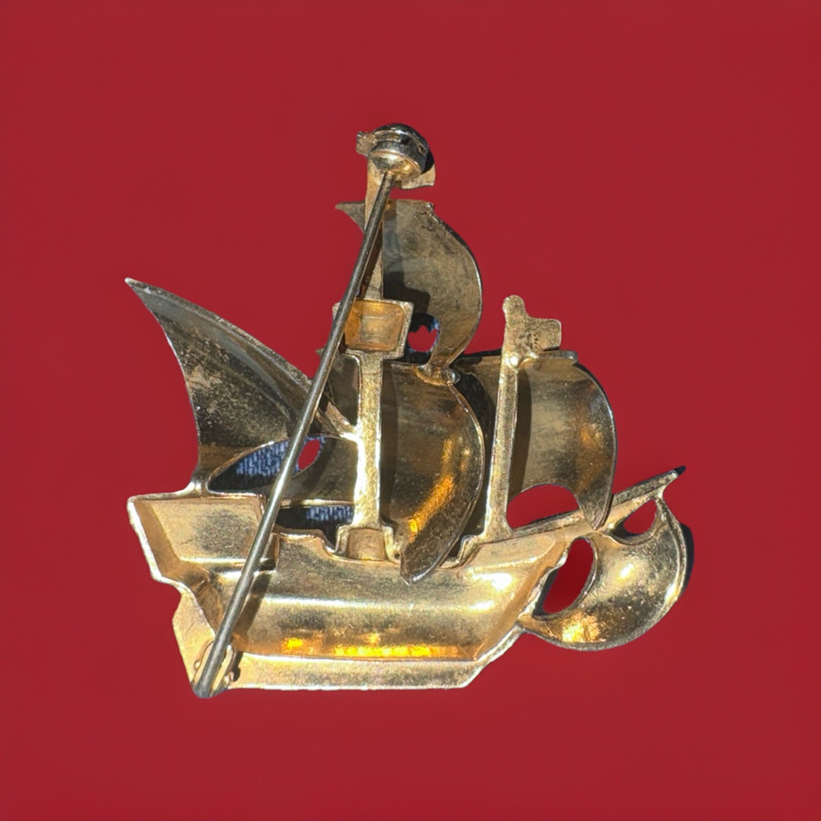 Vintage Spanish Damascene Galleon Ship Brooch Pin 1950s 1960s Toledoware Spain