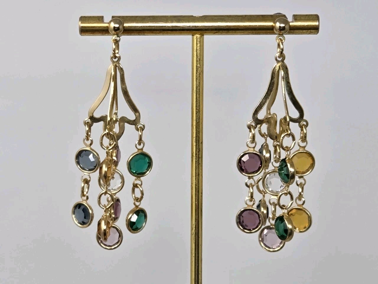 Multicolor Bezel Crystal Dangle Drop Earrings Multi-strand Vintage Unsigned