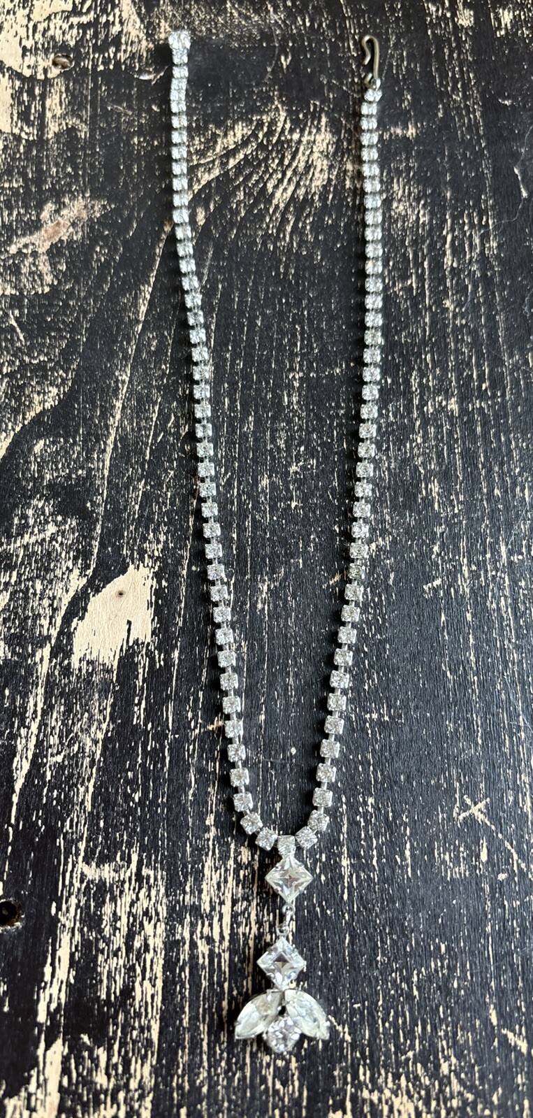 Vintage Clear Glass Rhinestone Necklace Dangle Choker 15″ Bridal Wedding