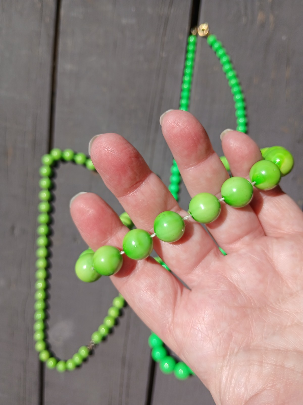 2 Vintage Bright Vivid Green Plastic Beads Necklaces