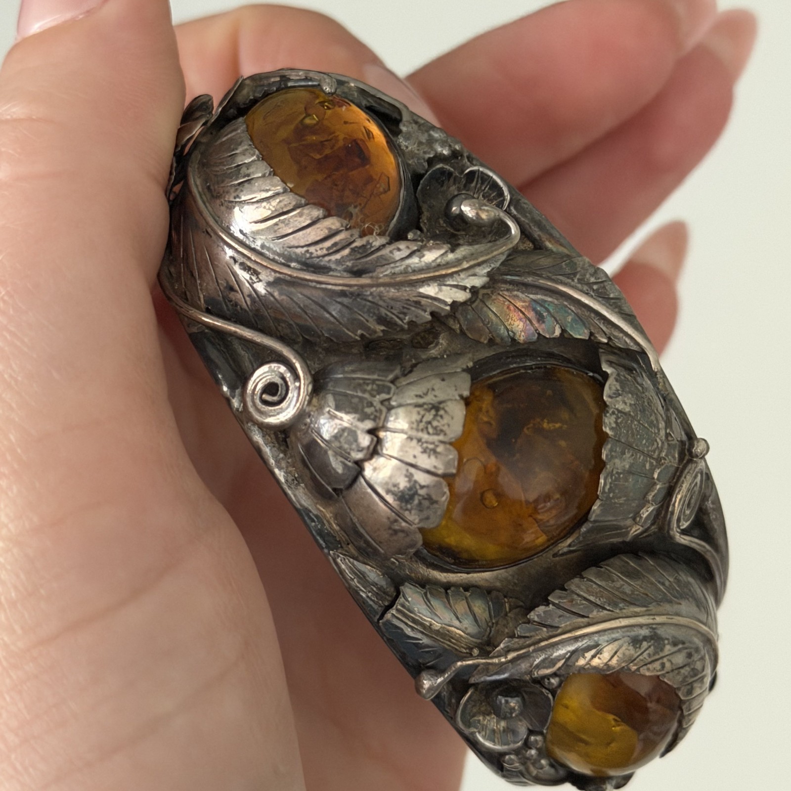 Vintage Sterling Silver Big Chunky Amber Leaf Southwest Cuff Bracelet Heavy