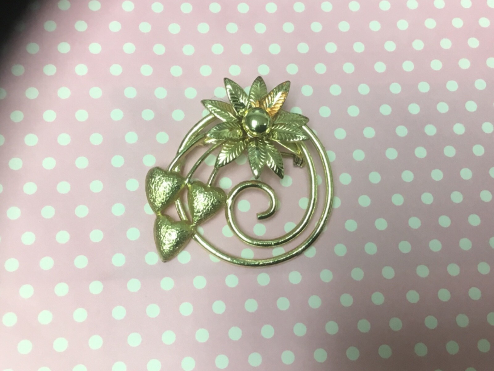 Vintage Hearts and Flowers Brooch, Gold Tone MCM Spiral Lapel Pin
