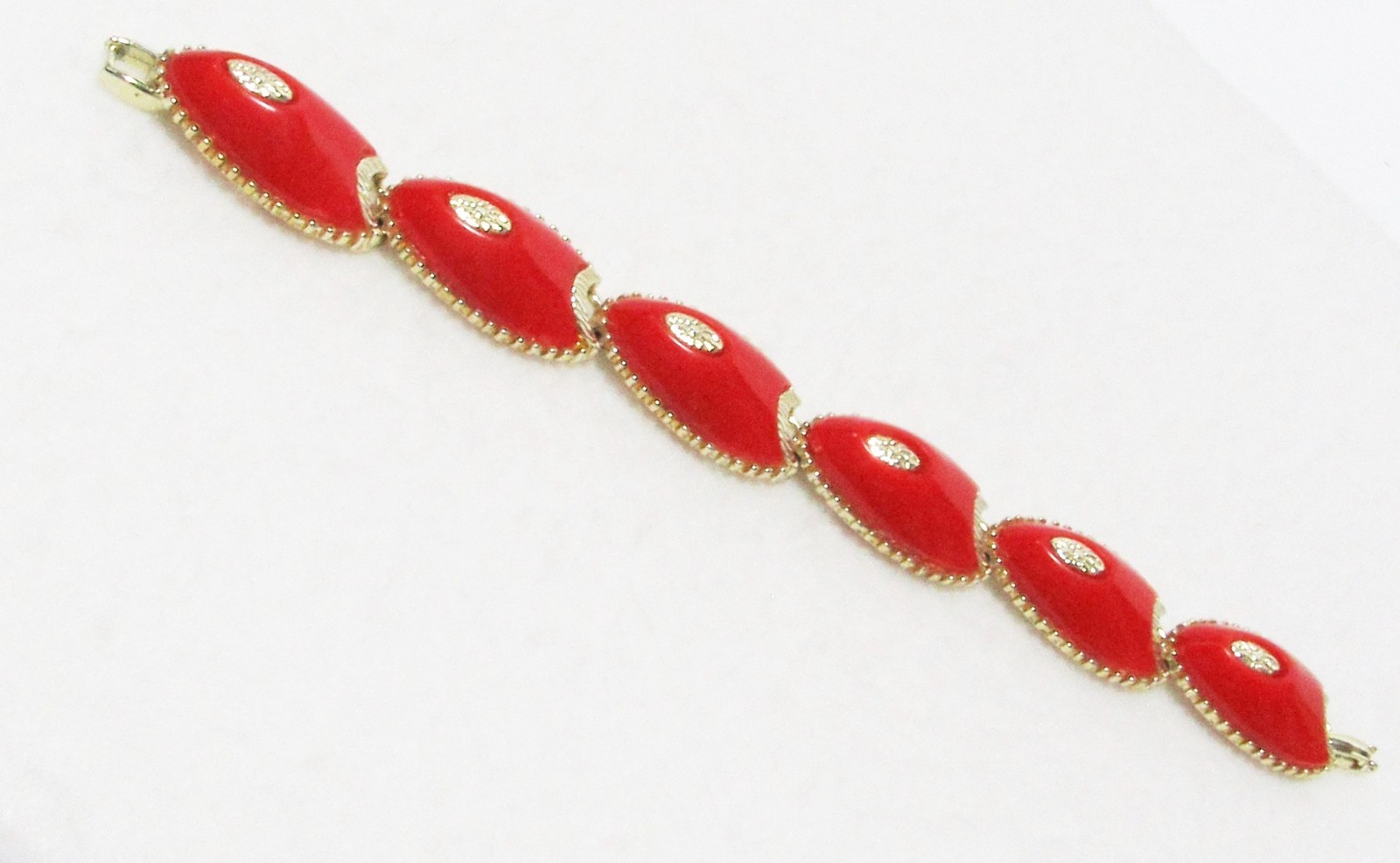 Retro Vintage Red w/Gold Accents Choker Necklace Link Bracelet Clip Earrings Set